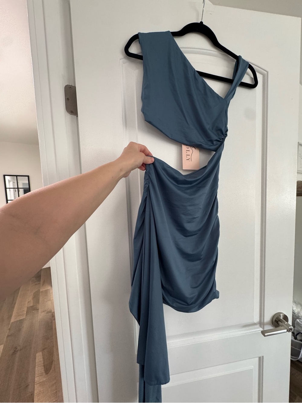 Oh Polly Slate Blue One-Shoulder Cutout Draped Dress